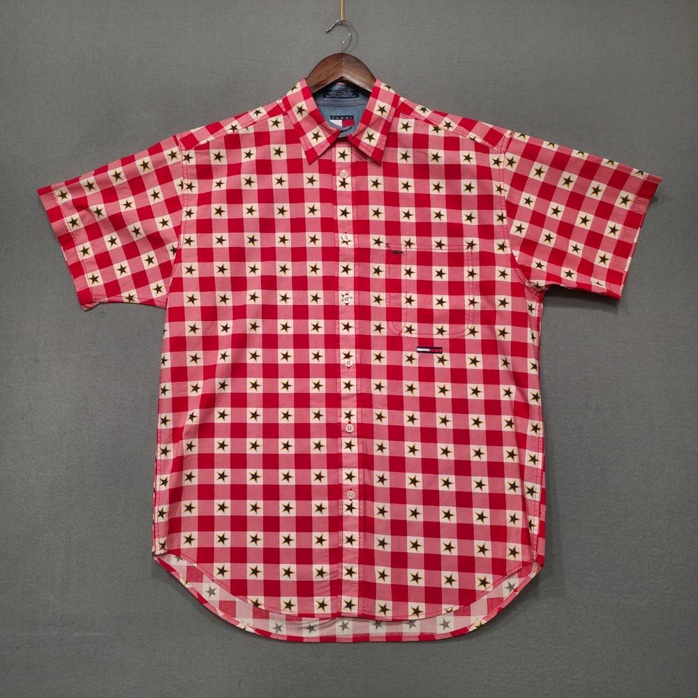 Vintage Tommy Jeans Men's Short Sleeve Button Up Star Shirt Size Medium